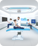 A doctor examines a patient in a hospital room, surrounded by medical equipment and a calm, professional atmosphere